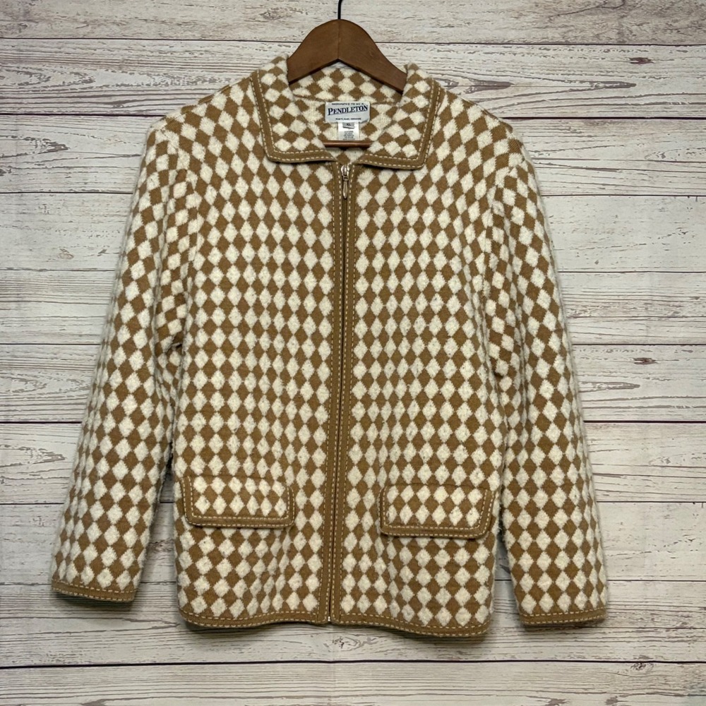 Pendleton Womens XL Wool Blend Diamond Harlequin Full Zip Cardigan Sweater Tan‎